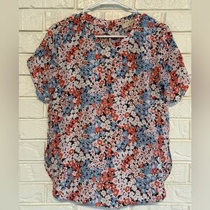 EUC LOFT Blue and Salmon Short Sleeve Blouse- size XS